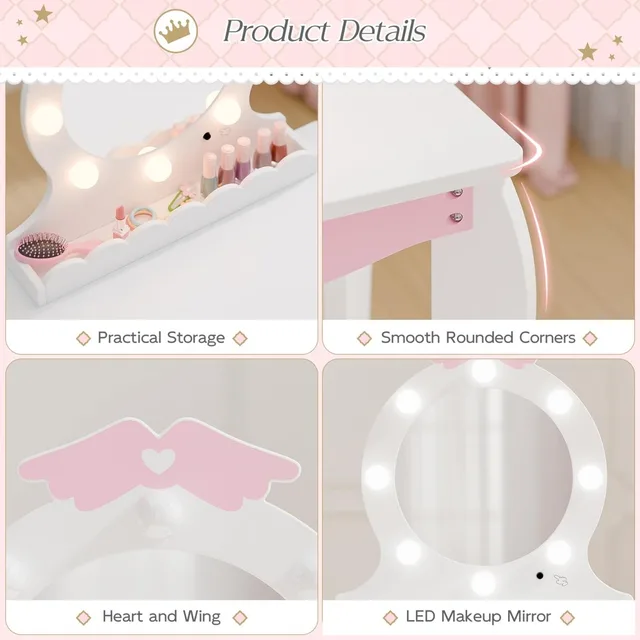 19747-22b3bc.jpg MU Kids White Vanity Set w/ Lighted Mirror & Stool,Makeup Desk, Storage,Wing Pattern – Toddler Princess Dressing Table for Girls
