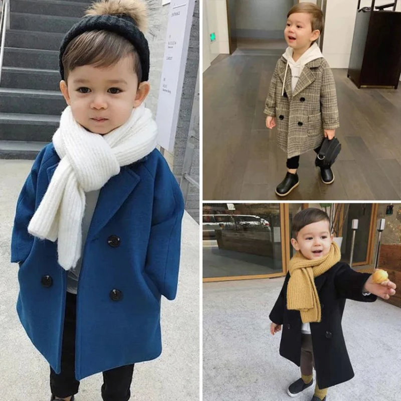 Spring Boys Girls Woolen Double-breasted Trench Coat for Kids