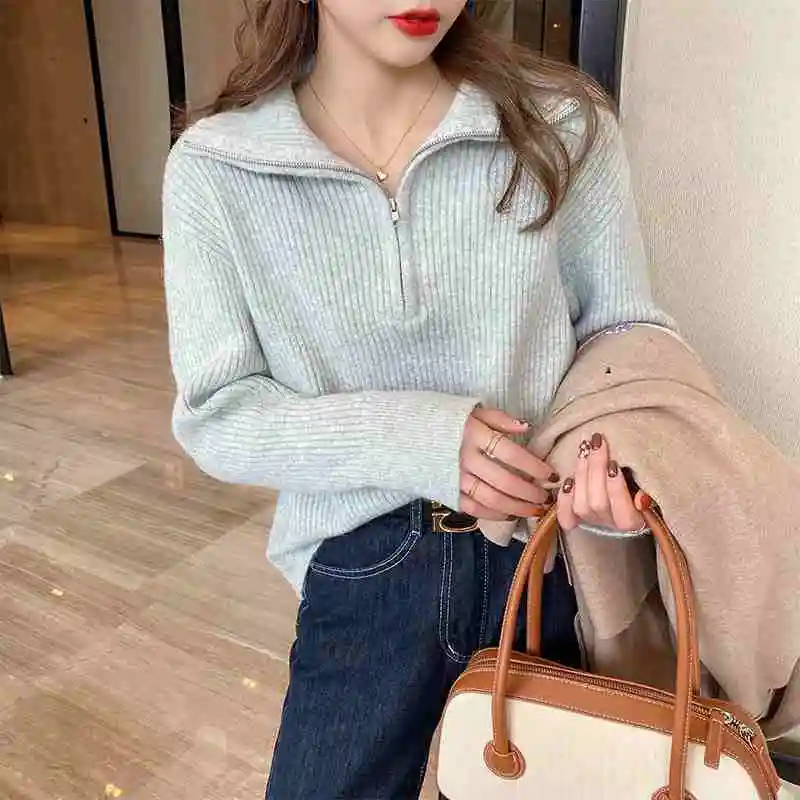 Knitted Sweater Women Pullovers New Long Sleeve Turn Down Collar Knit Sweater Pullover Women Tops Sweaters Sueter Feminino Q1008 6