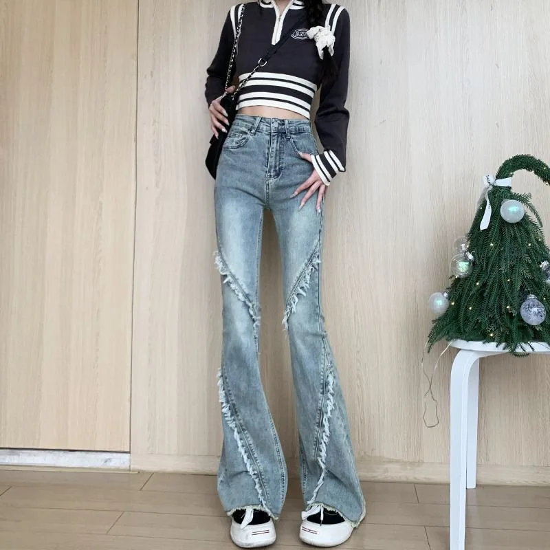 Denim Planet Women's Slim Fit Jeans 2024 New High Waist Elastic Flare Pants Spliced Slim Fit Open Front Pants