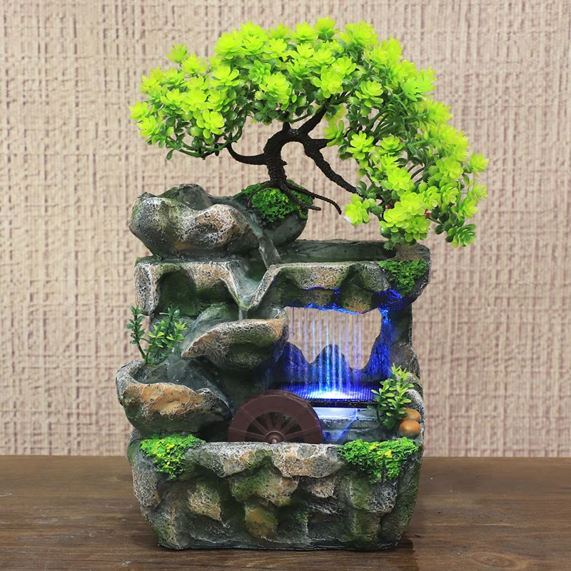

Creative Feng Shui Flowing Water Fountain Desktop Resin Rockery Landscape Waterfall Fountain Crafts with 7-Color Led Change