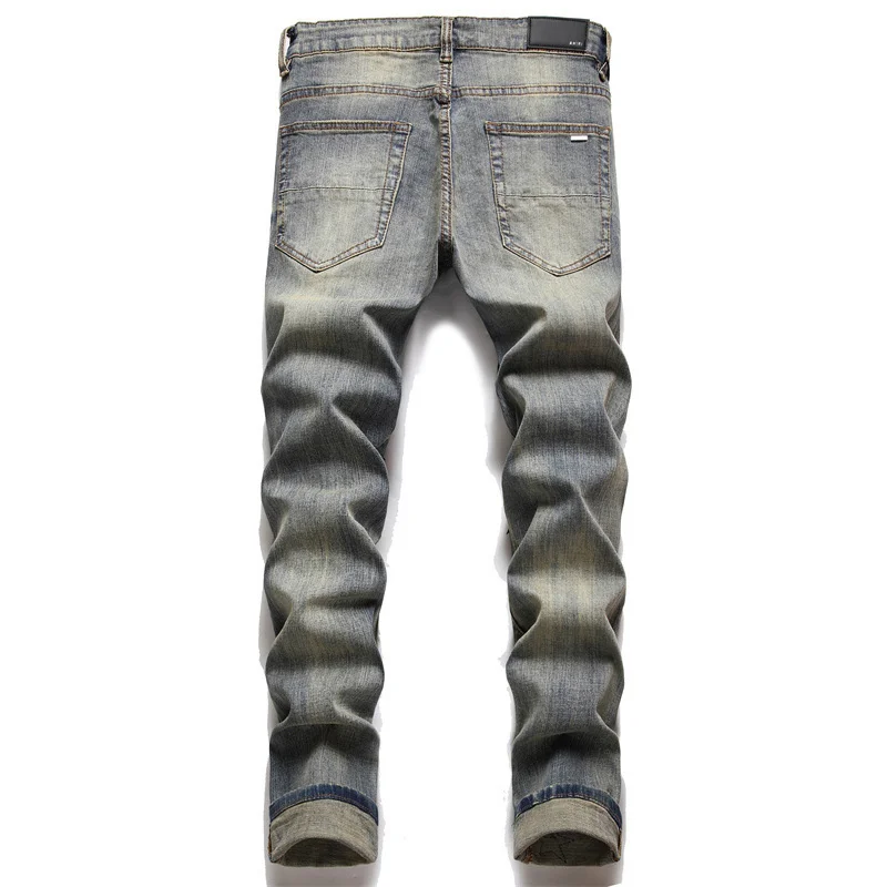 European Jeans With Distressed Patches, Trendy Elastic Slim Fit Leggings, Versatile Men's Pants 3096 2