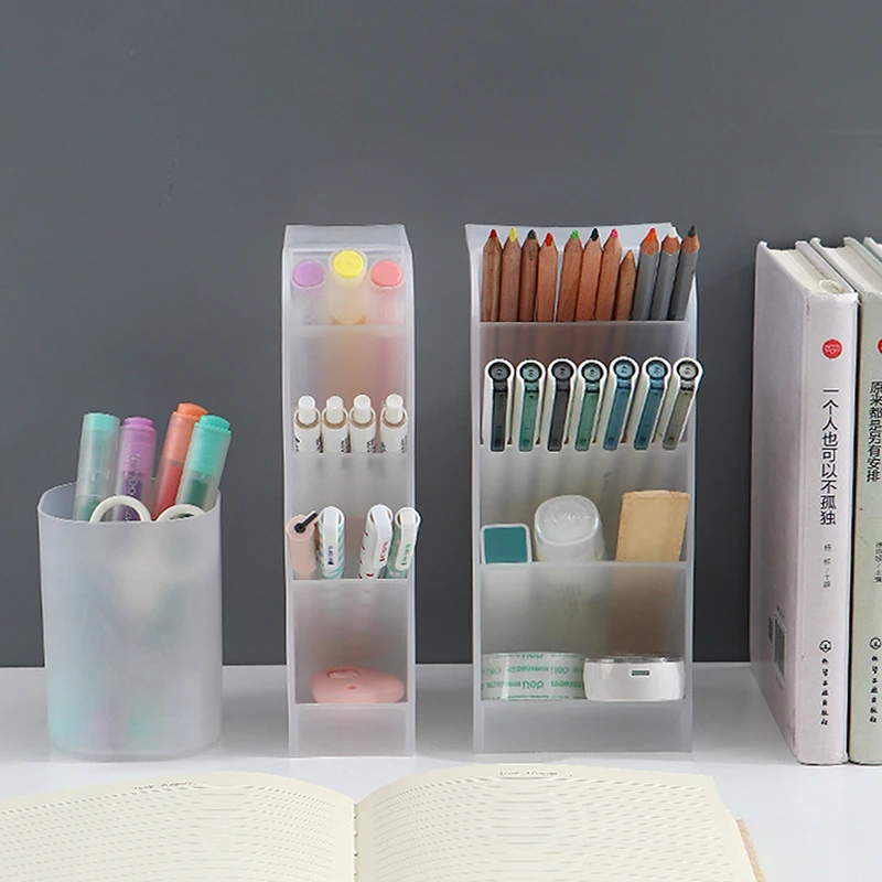 Transparent Frosted Pen Holder Multi-functional Stationery Storage Box Desktop Inclined Makeup Brush Lipstick Storage Box