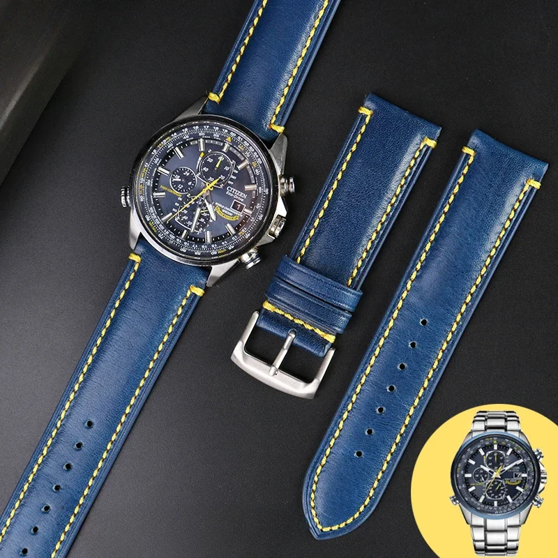 Cinturino Nero Blu Per Citizen Blue Angel Generation At8020 Jy8078 Air Eagle Di Seconda Generazione Confortevole Pelle Bovina 22 23Mm