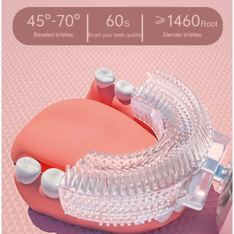 자동 USB 충전식 전동 어린이 칫솔, 실리콘 360 도, U 모양