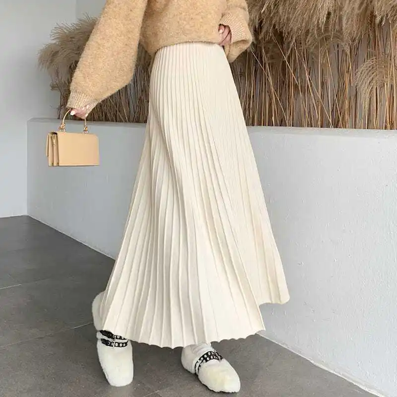 

Autumn and Winter Women's Solid Knitted Pleated High Waist Midi Elastic A-Line All-match Fashion Casual Office Lady Skirt