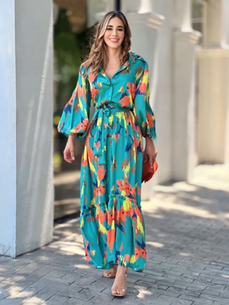 

New Fashion Elegant Women's Dress Personalized Printed Lapel Long Sleeves and Elegant Lace Up Vestido Party Dress for Women 2023