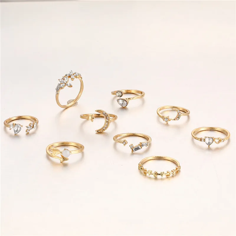 Women's Ring Set Modyle Boho Cubic Zirconia Star Moon Arrow Flower Finger Rings Trendy Jewelry Gift