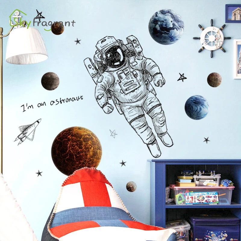 Space Theme Astronaut Wall Sticker Bedroom Living Room Wall Decor Self-adhesive Stickers Kids Room Decoration House Decoration