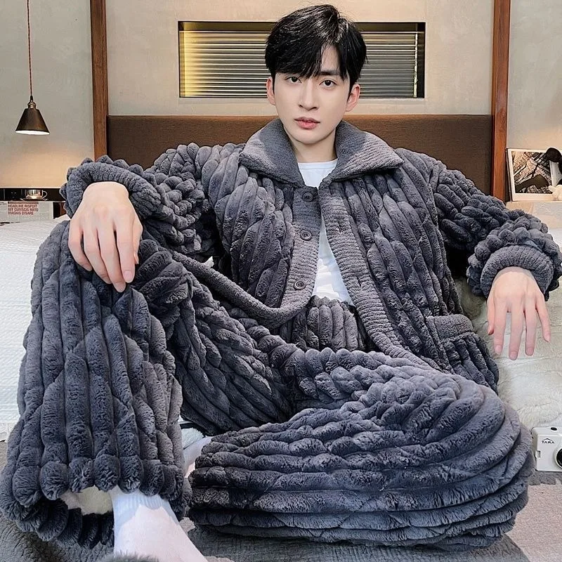 Men New Pajamas Autumn Winter 3-layer Cotton Sleepwear Youth Coral Velvet Thicken Plush Loungewear Flannel Warm Home Clothes Set