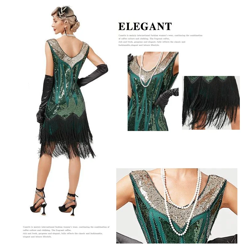 Vintage 1920s Flapper V-neck Double Tassel Dress Great Gatsby Cosplay Costume Cocktail Party Charleston Dance Sequin Dress 5