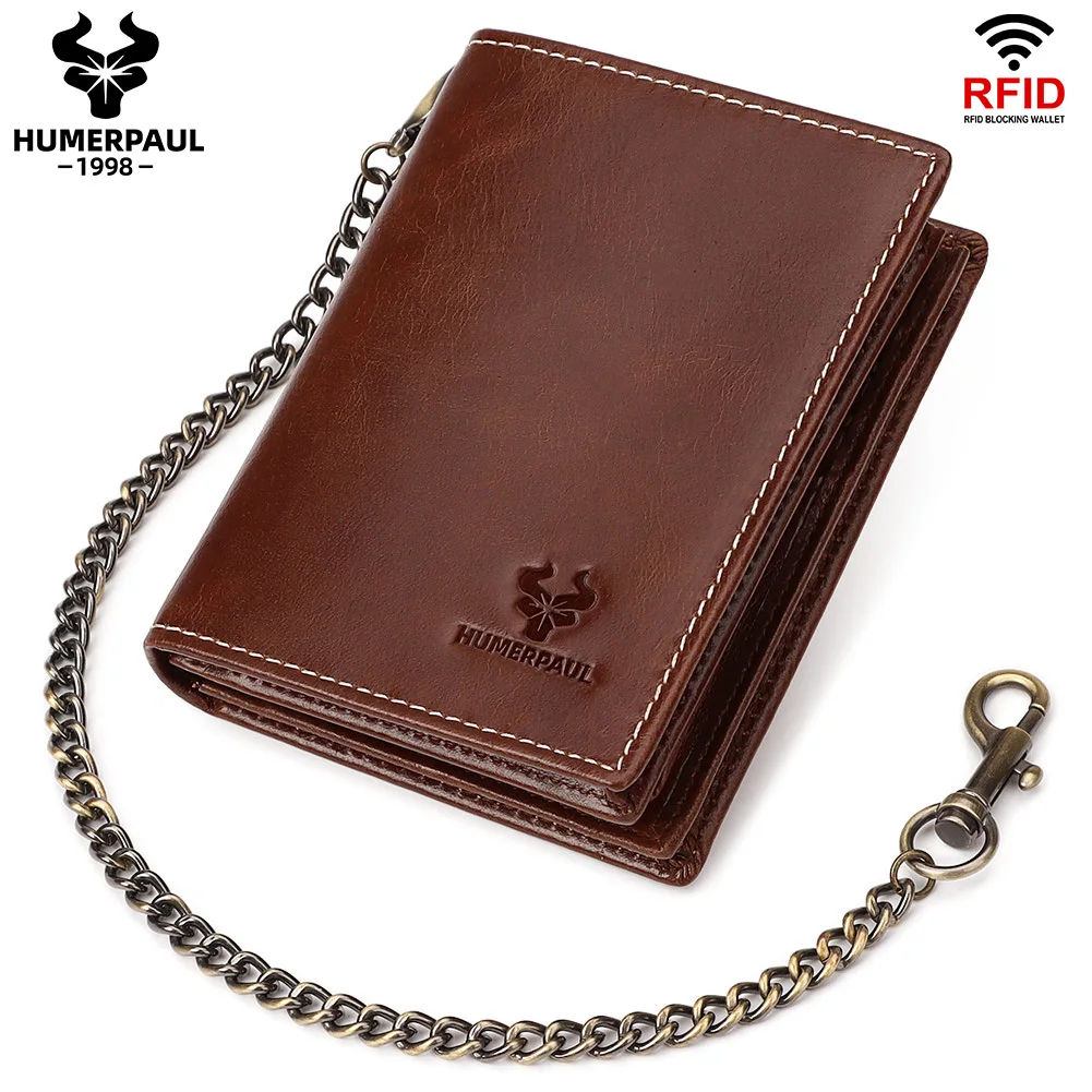 

Free Engraving Short Genuine Leather Men Wallet Vintage RFID Protection Card Holder Wallets Travel Purse with Anti-theft Chain
