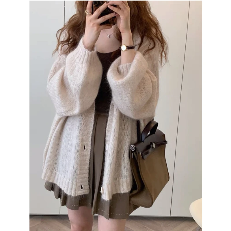 Autumn and Winter New Women's Solid Color Cardigan Sweater Fashion Casual Single-breasted Lantern Sleeve Sweater Jacket