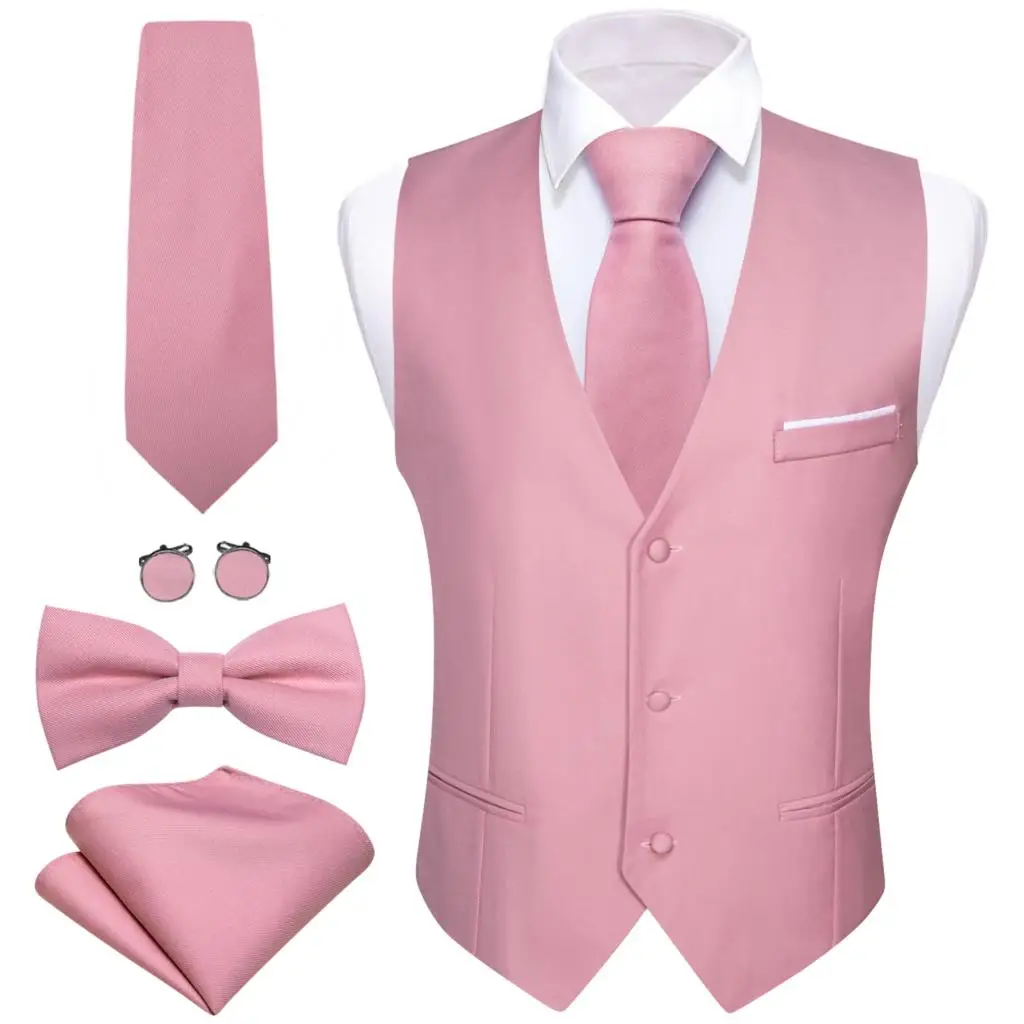 Elegant Vest for Men Pink Solid Satin Waistcoat Tie Bowtie Hanky Set Sleeveless Jacket Wedding Formal Male Gilet Suit Barry Wang