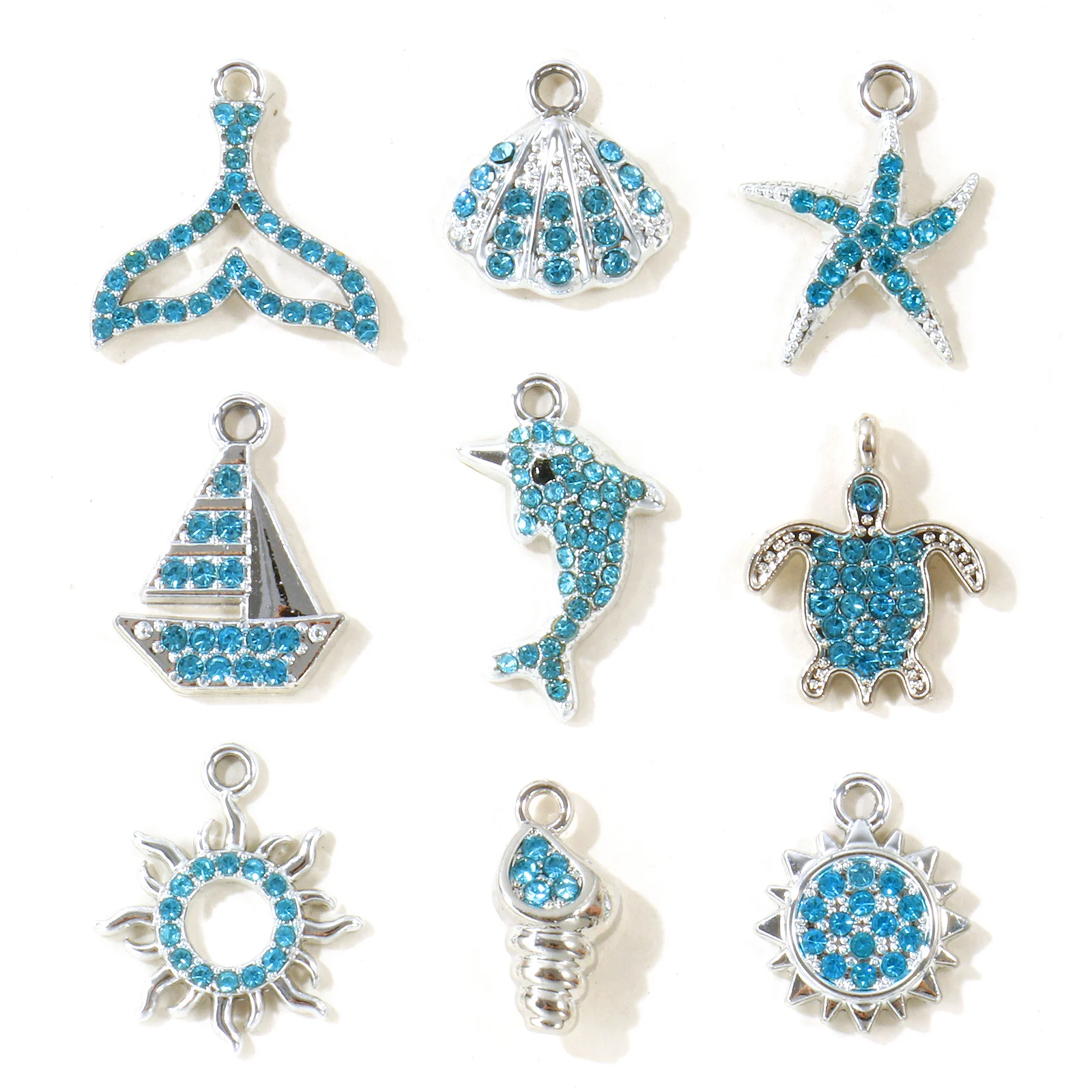 10 Stück Neue Blaue Strass-Ozean-Schmuckanhänger Silberfarbene Zinklegierung Muschel-Schildkröten-Anhänger für Frauen DIY Halsketten-Schmuck