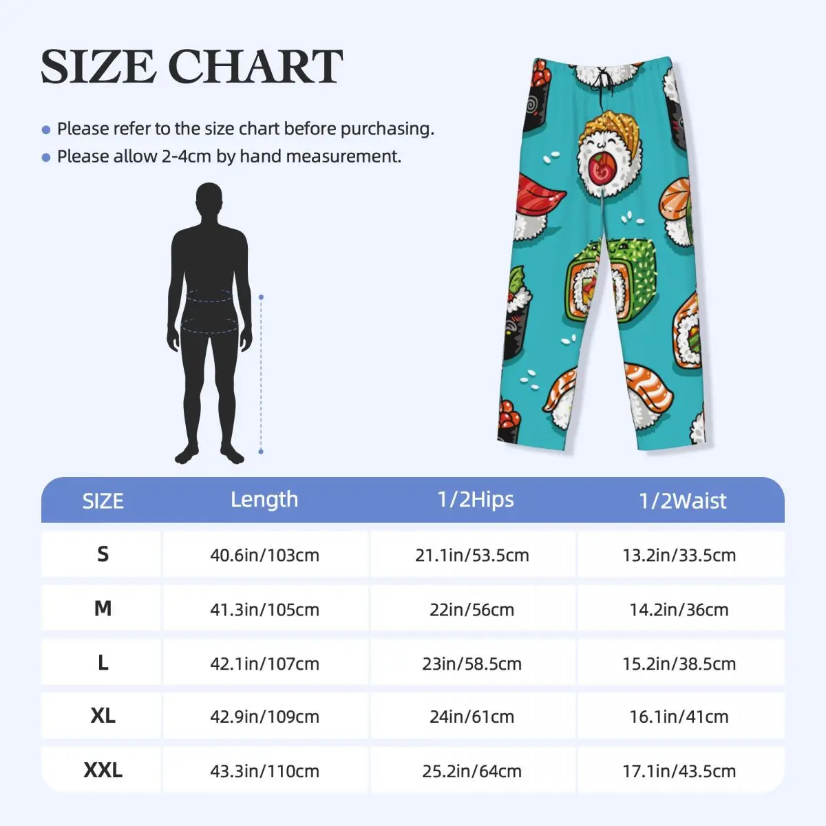 Custom Printed Men's Pajama Pants Cartoon Rolls Sushi Food Sleepwear Sleep Lounge Bottoms with Pockets 6