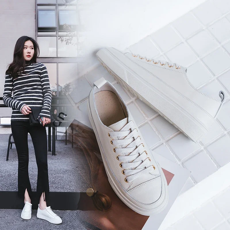 VANGULL Genuine Leather shoes autumn cow leather flat bottom loafers white shoes ladie sneakers Vulcanized