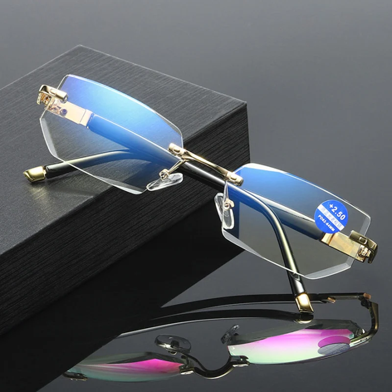 Anti Blue Ray Reading Glasses Dimond Cutting Rimless Eyewear Men Anti Fatigue Hyperopia Presbyopic Glasses +1.5 3