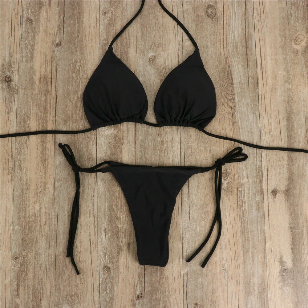 

Women Thong Bikini Necklace Up Solid Color Sexy Triangle Backless Split Strap Adjustable Swimsuit Set Beachwear Bathing Suit