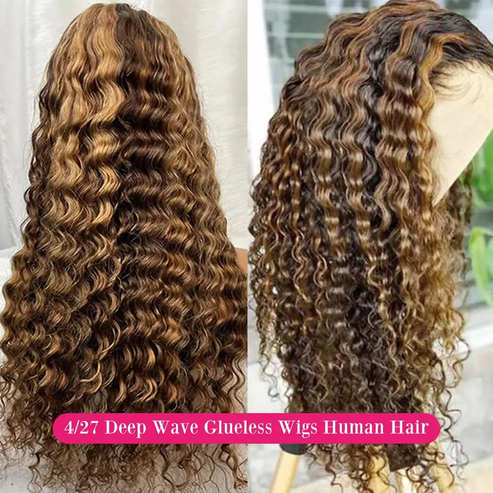 Highlight Ombre Lace Front Wigs Human Hair Pre Plucked 4/27 Deep Wave Human Hair Wigs for Women 13x4 HD Lace Front Wigs 30 Inch