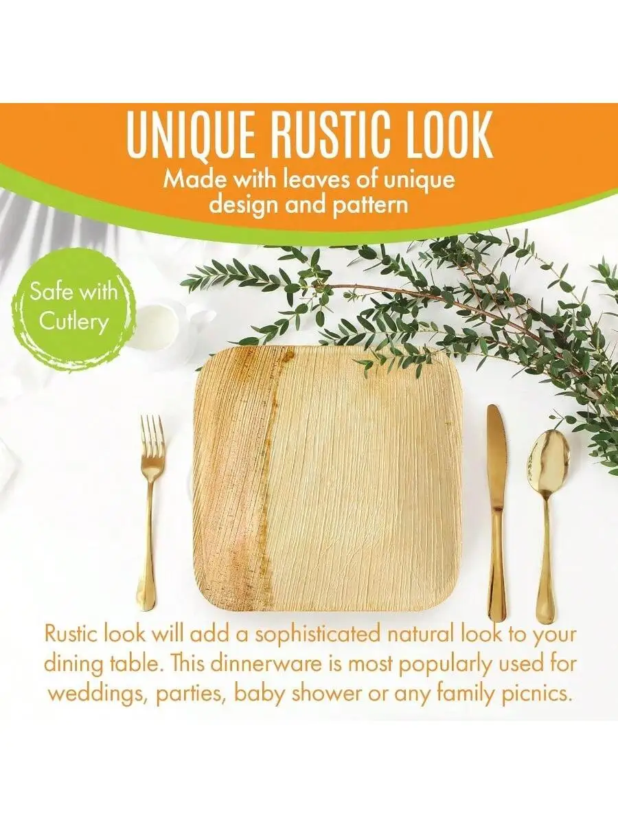 Raj Palm Leaf Plates [50-Pack] 6" Square Plates 6 CASES-300 PACK like Bamboo plates Disposable Strong Decorative Compo