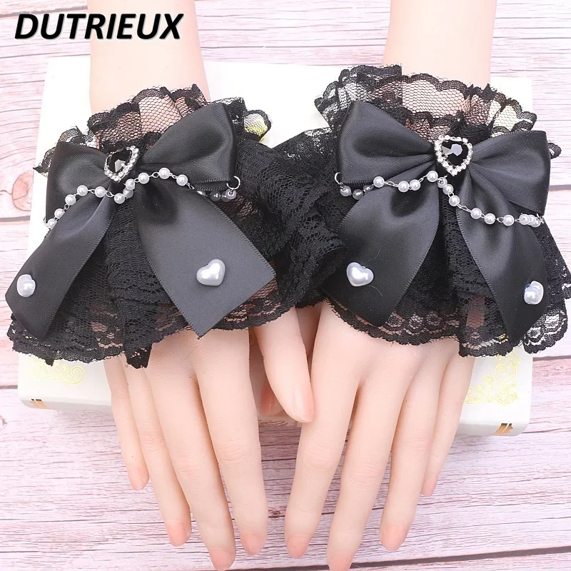 Handmade Sweet Cute Lolita Mine Lace Bow Bead Chain Love Oversleeves Summer Japanese Style Kawaii Girls Y2k Accessories
