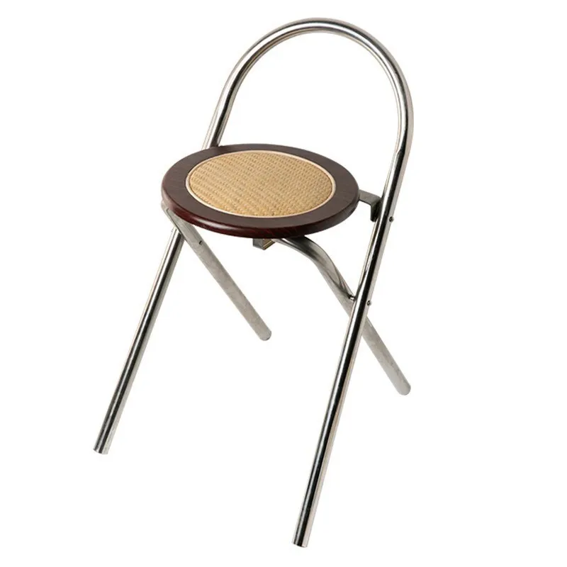 Folding Chair Solid Wood Rattan Woven Backrest Chair Household Folding Stool Antique Stainless Steel Dining
