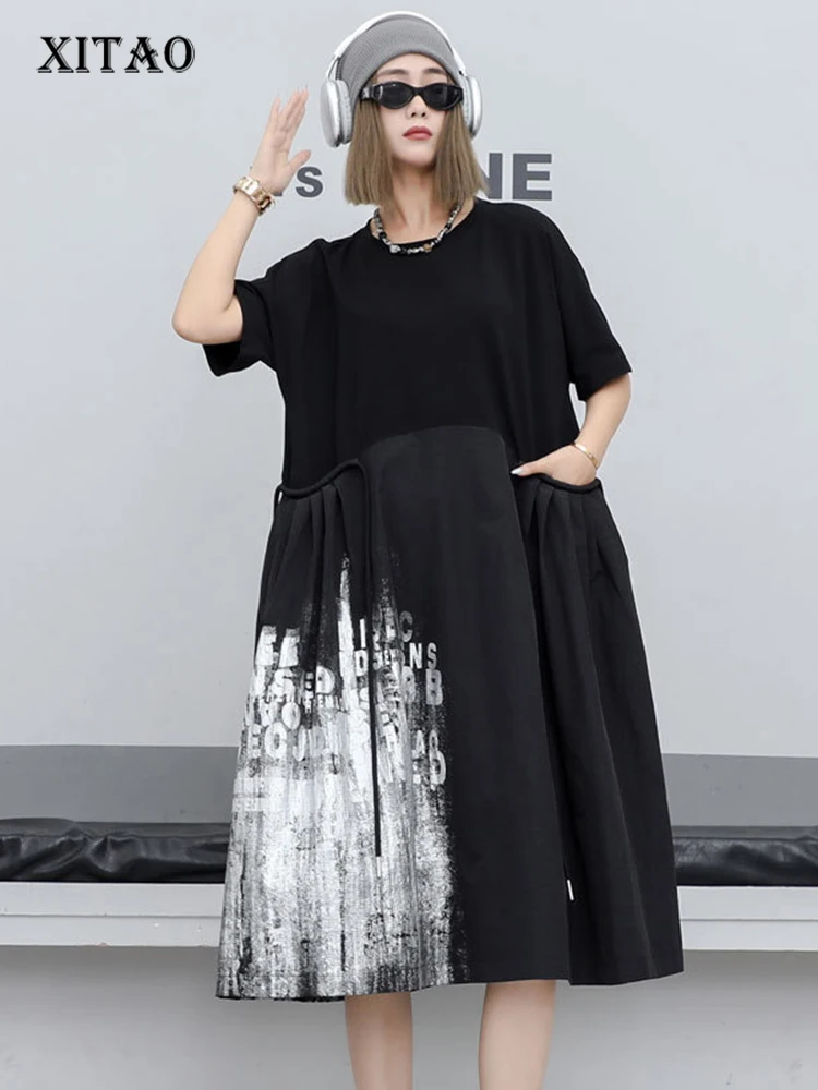 

XITAO Casual T-shirt Dress Short Sleeve Contrast Color Letter Pattern Loose Folds Big Hem Dress Fashion Spring New DMJ4000