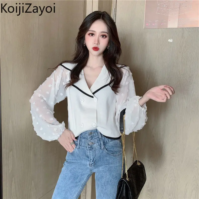 

Koijizayoi Office Lady Fashion Long Sleeves Shirt Patchwork Women Patchwork Notched Blouse Spring Autumn 2022 Solid Blusas New