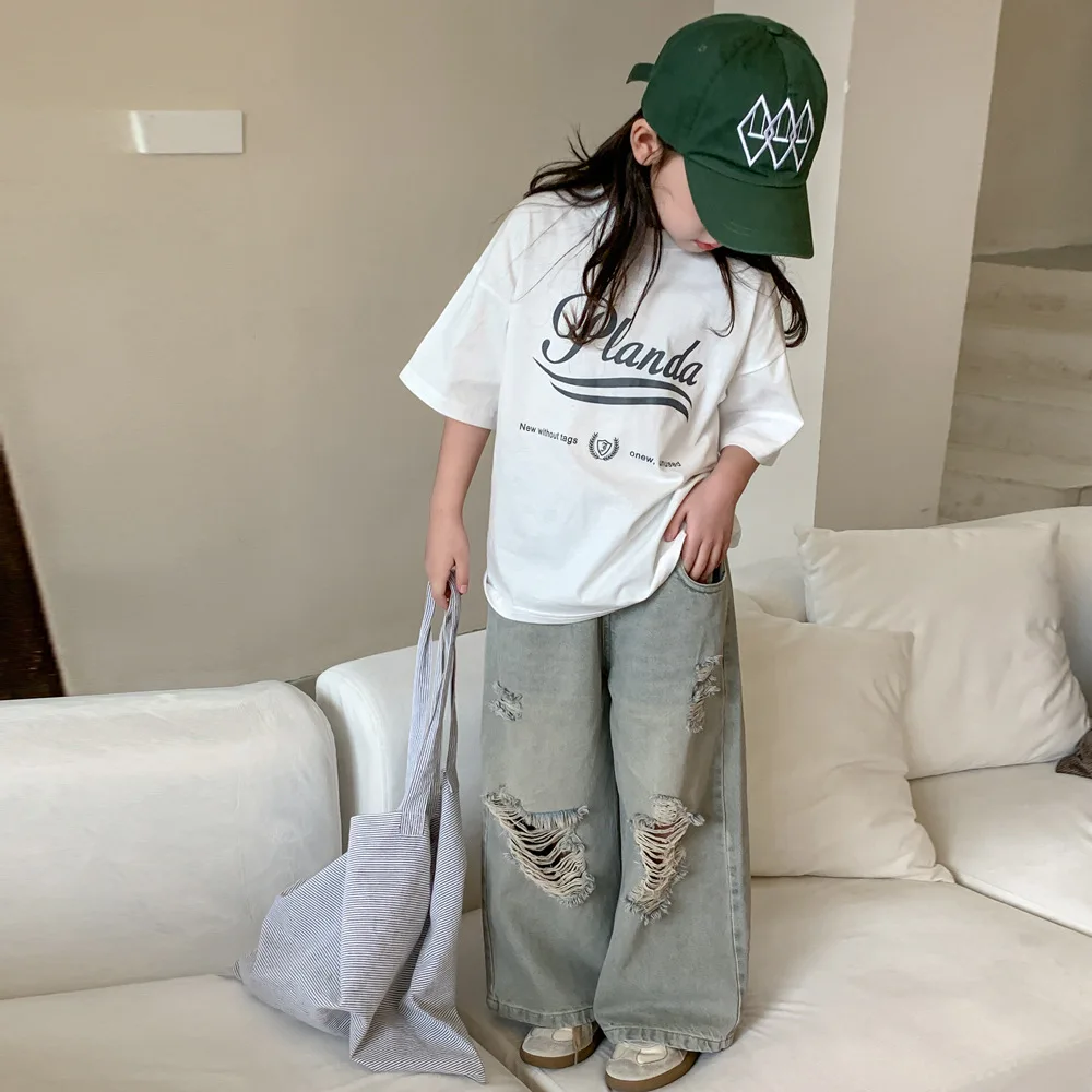 

Spring Summer Children Girl Denim Pant Cotton Ealstic Waist Toddler Girl Straight Pant Solid Hole Versatile Baby Girl Jeans Pant