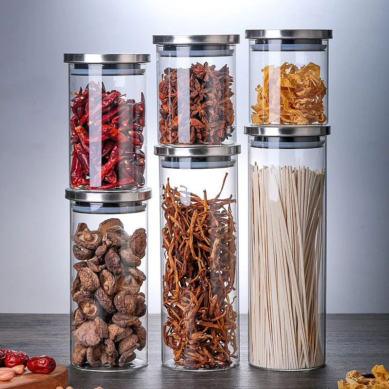 250-650ML Glass Canister Stainless Steel Cover Glass Spice Jars Storage Tank Coffee Bean Food Containers Kitchen Accessories 4