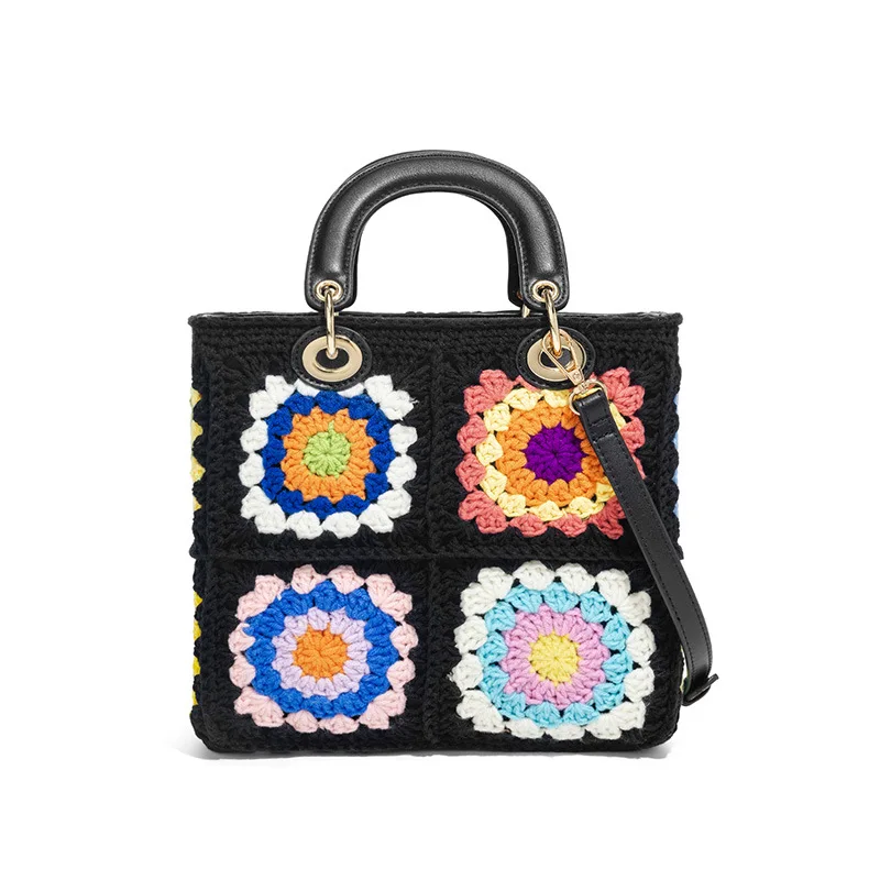 Bohemian Granny SquareCrochet Women Handbags Vintage Wooden Knitted Hand Bags Handmade Woven Large Tote Big Shopper Purses 2025