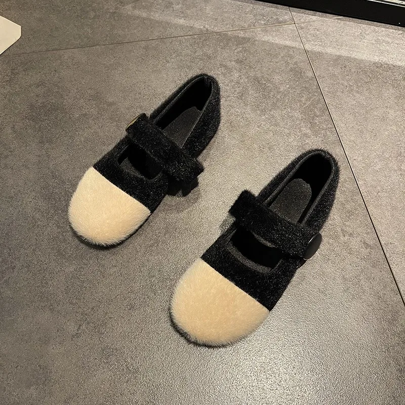 

2023 women spring and autumn shallow mouth belt flat bottom straight button girl's woolen shoes 3836