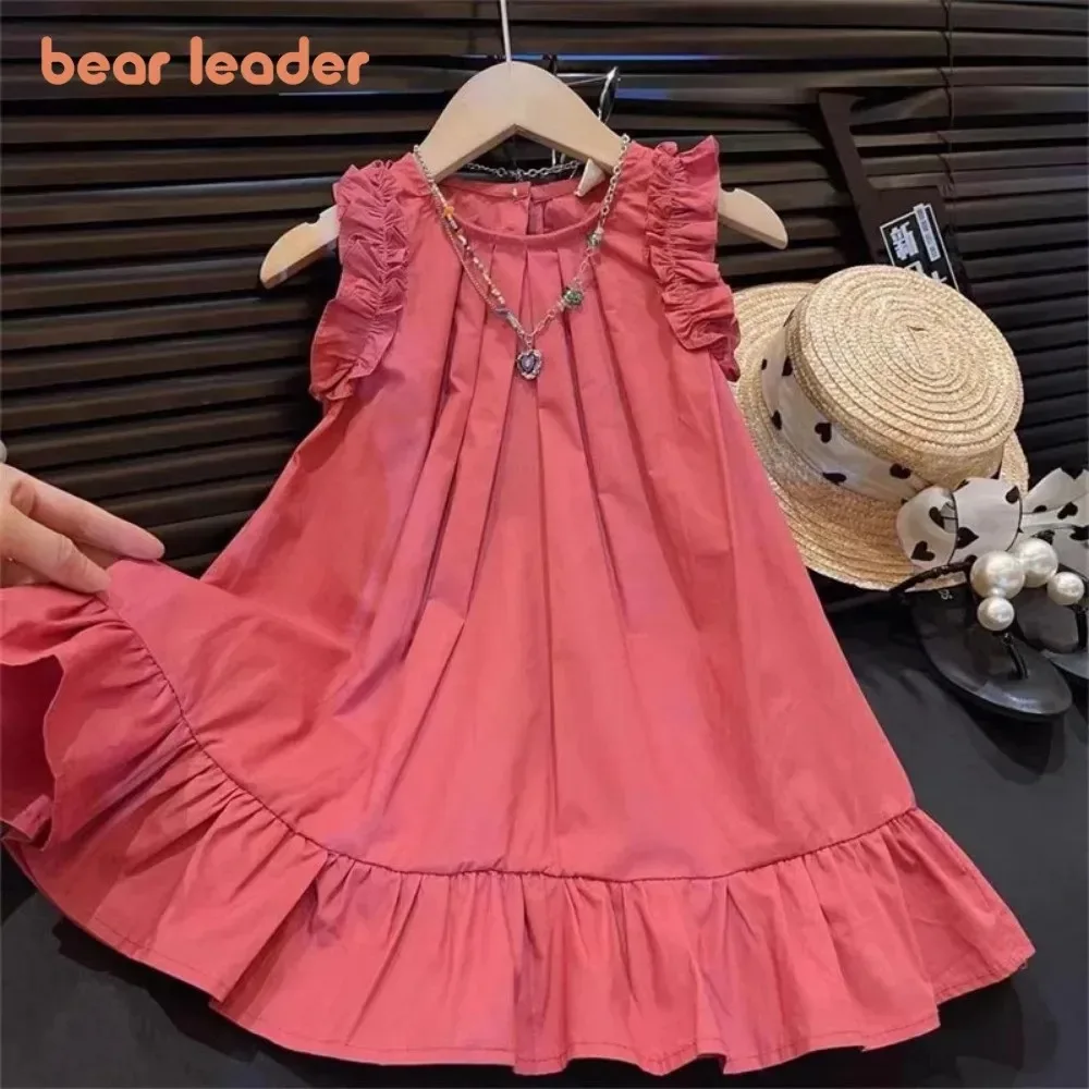 Bear Leader Sommerkleid im koreanischen Stil für Mädchen, schlichtes Kinderkleid, rot, ärmellos, plissiert, Prinzessinnenkleid für Mädchen