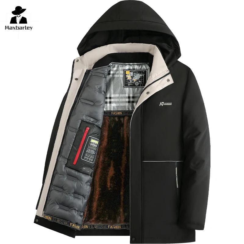 winter New Men's Jacket Detachable Thickened Lamb Wool Lined Hooded Fashion Warm Parka Men's Brand Clothing Business Padded Coat