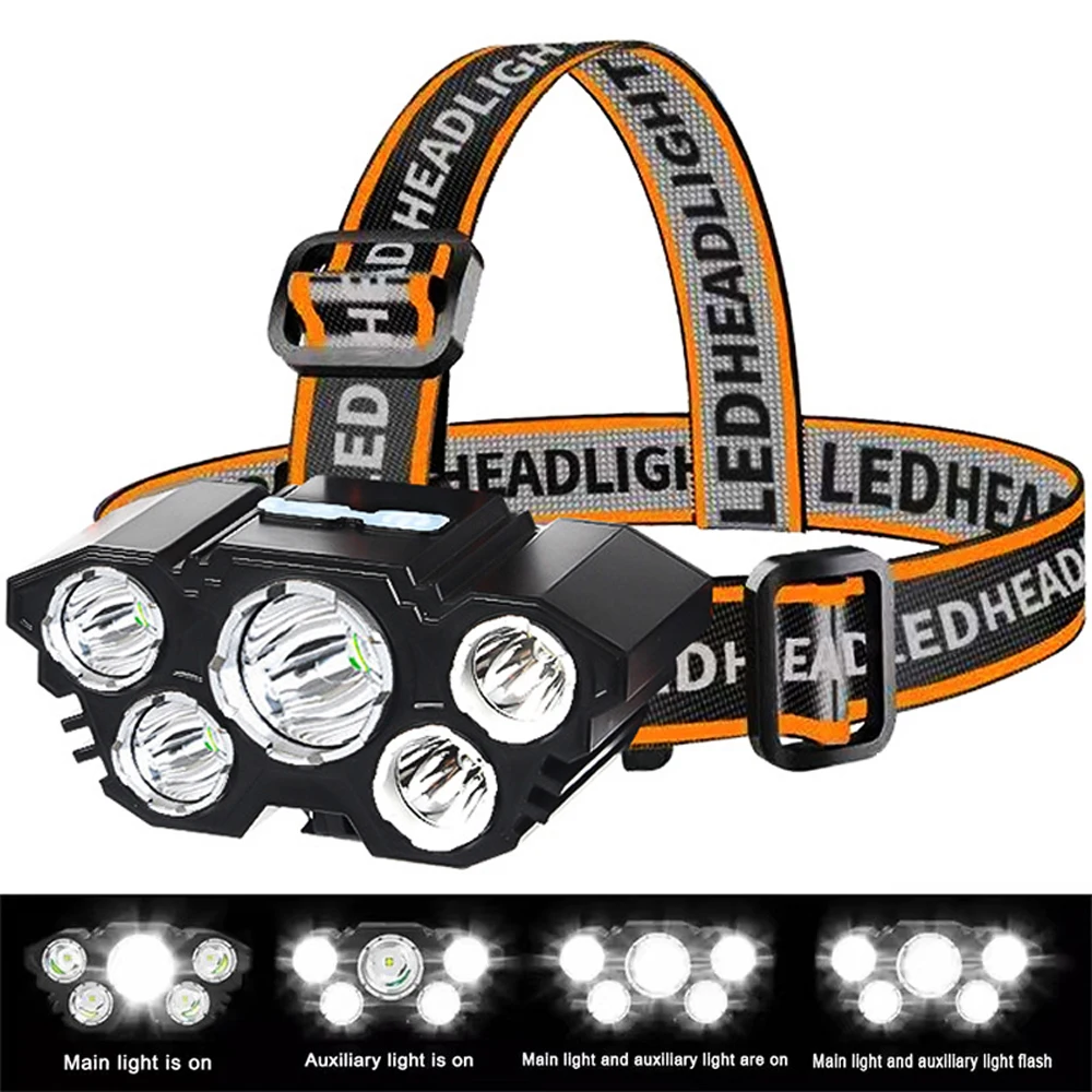 초강력 헤드 마운트 손전등, 5 LED 헤드라이트, USB 충전식, 내장 배터리..