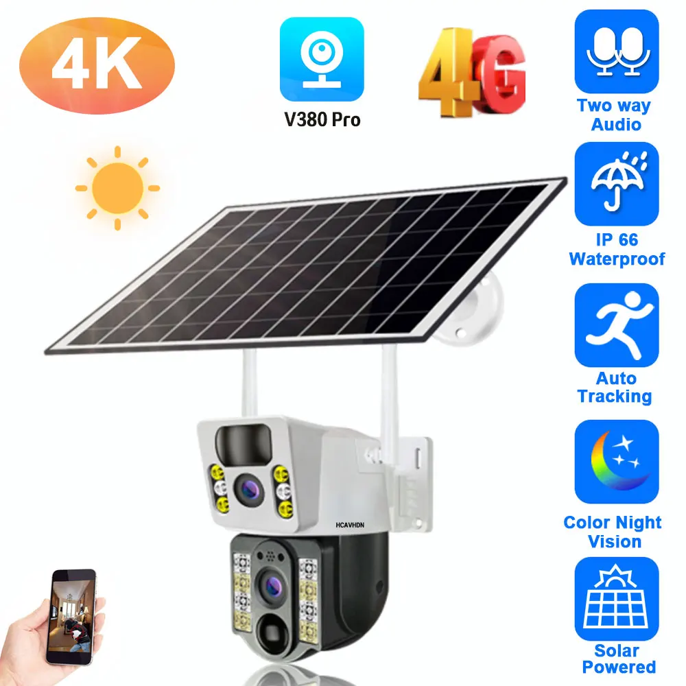 

4K Dual Lens 4G Sim Camera Solar Panel Outdoor Low Powered Cam Color Night Vision PIR Alarm Two Way Audio Solar CCTV IP Camera