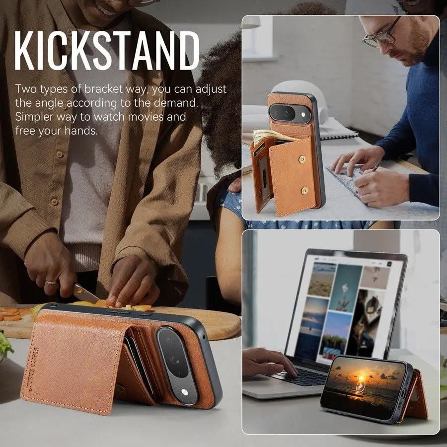 Magnetic Detachable Leather Wallet Phone Stand with Wireless Charging Capability