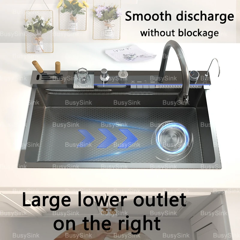 Waterfall Kitchen Sink Cup Washer Knife Rack Stainless Steel Honeycomb Embossed Domestic Apartment Countertop Large Single Sink 3