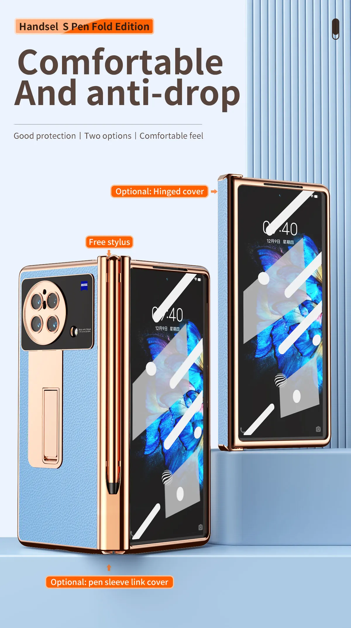 VIVO X FOLD Electroplated Hinged Leather Phone Case, Hidden Stand Covered With Tempered Glass Film Pencil Slot Box