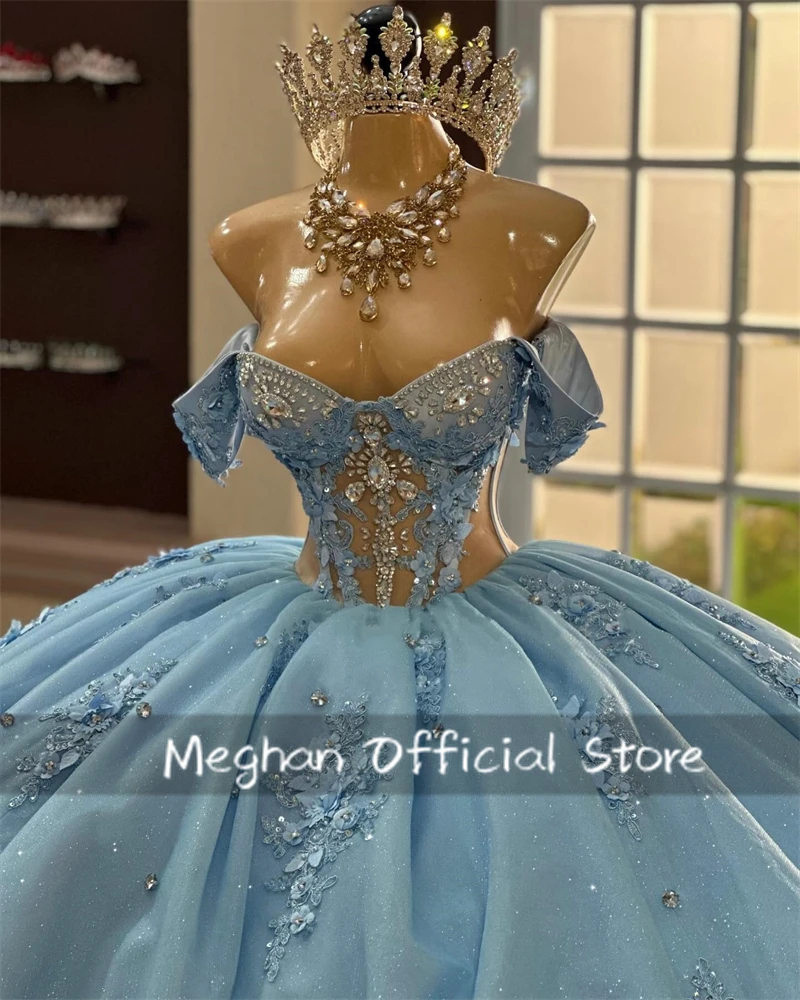 Blue Bead Appliques Quinceanera Dresses Ball Gown 3D Flower Birthday Luxury Dress Off The Shoulder Formal Gown Customized