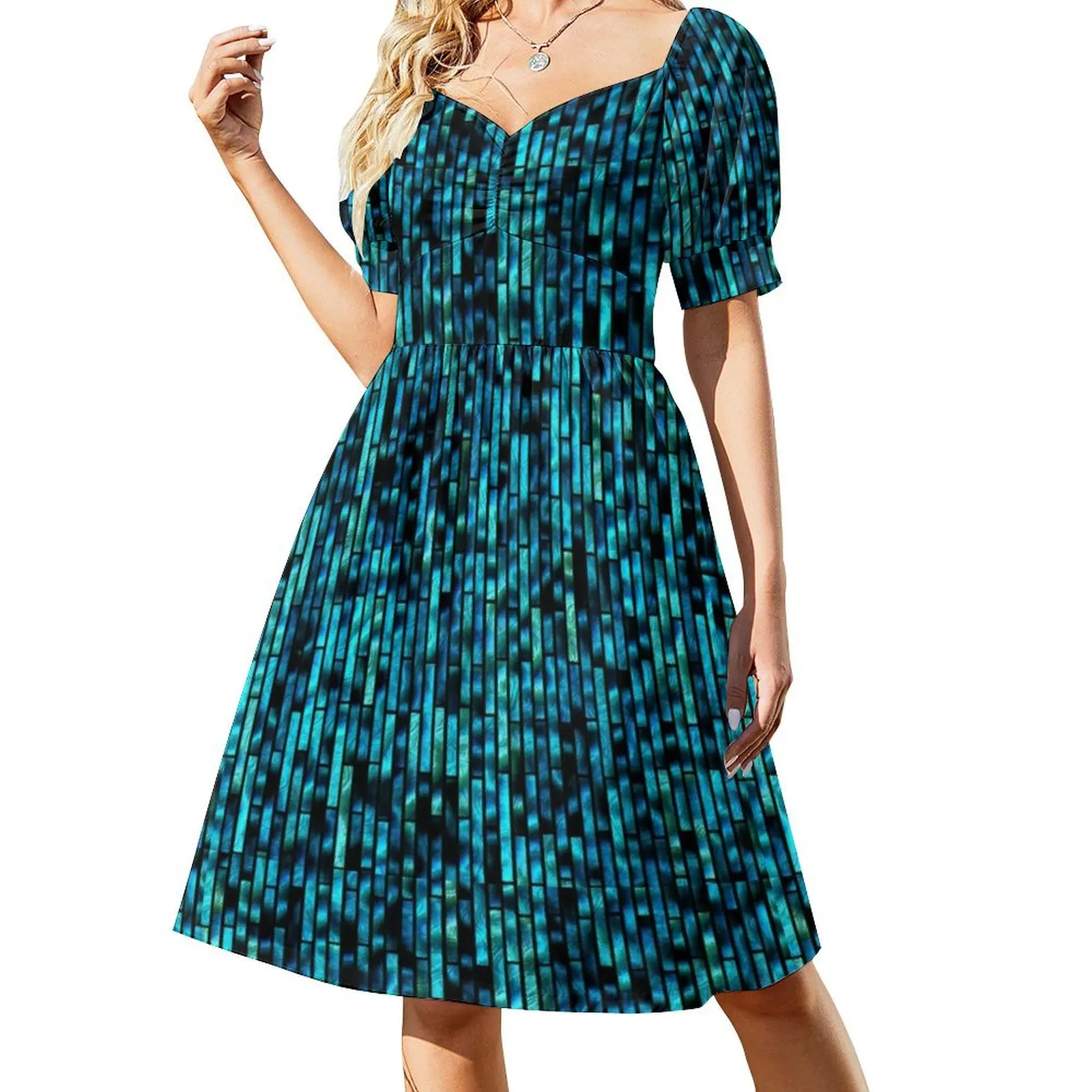 thumbnail image 1 of Vestido de manga corta con estampado de lentejuelas azules de inspiración disco retro de los años 70, vestido de hada para mujer, 1 of 8