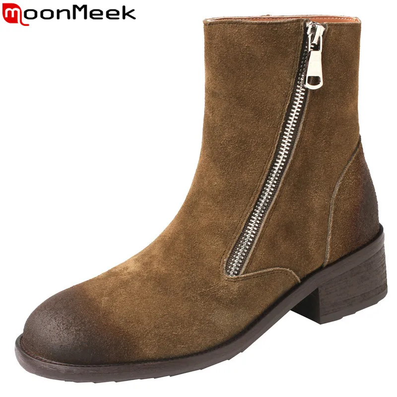 

MoonMeek 2024 New Cow Suede Leather Zipper Ankle Boots Retro Ladies Round Toe Winter Boots Square Med Heels Shoes