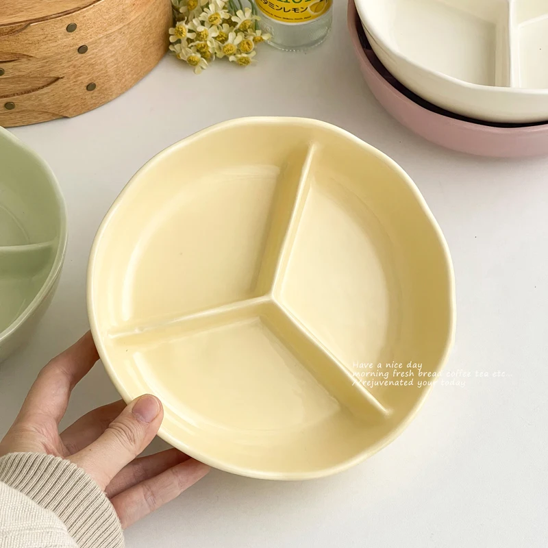 Exquisite Divided Plate High-end Household Ceramic Plates Solid Color Large Capacity Breakfast Dish Simple Fruit Salad Tableware
