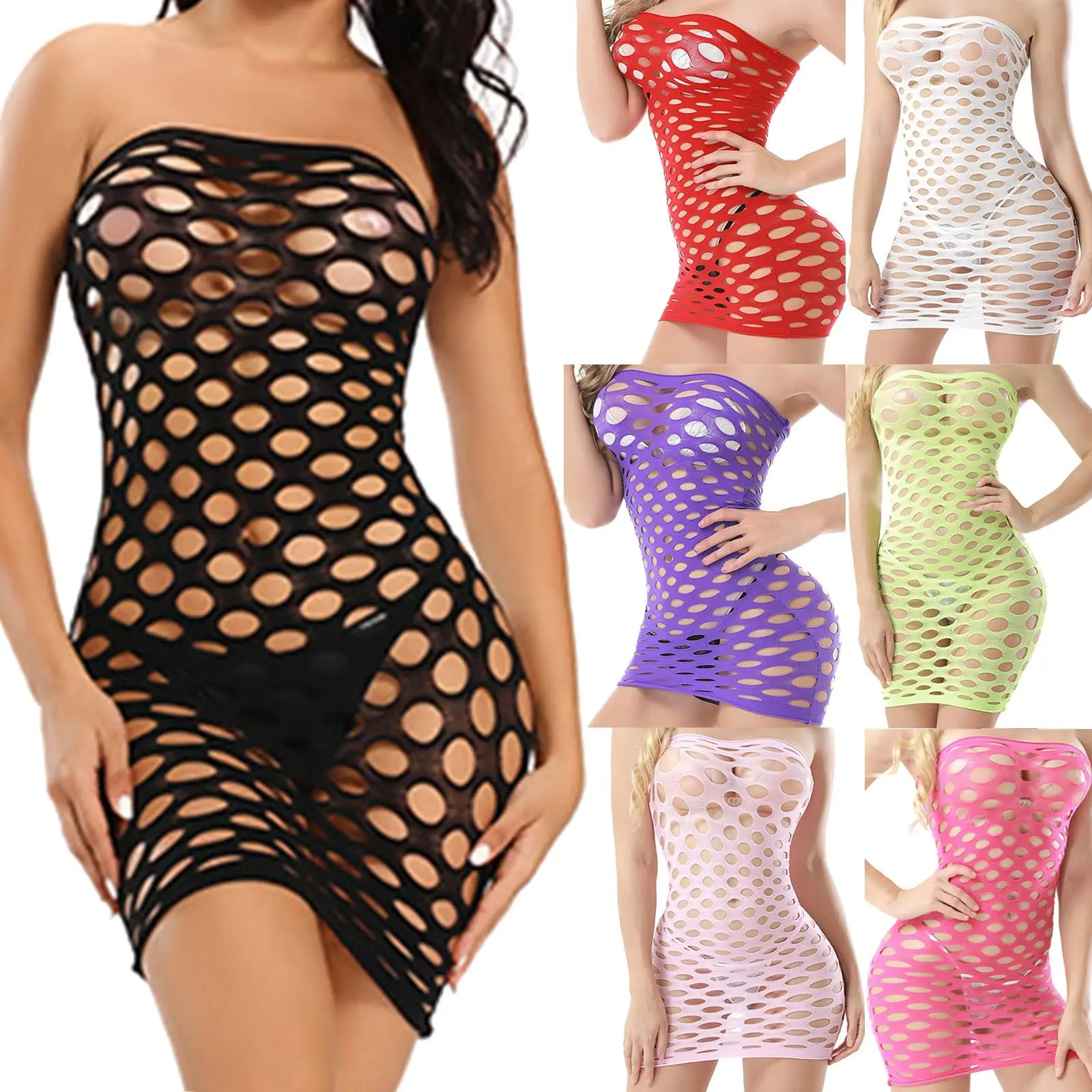 Sexy Womens Strapless Fishnet Lingerie Sleepwear Mini Dress Tube Chemise Bodysuit One Size