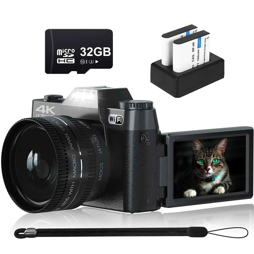 

48MP Photography Digital Photo Camera Wide Angle Lens 4K Camcorder Rotate Screen Selfie Camera Time Lapse Video Recorder Webcam