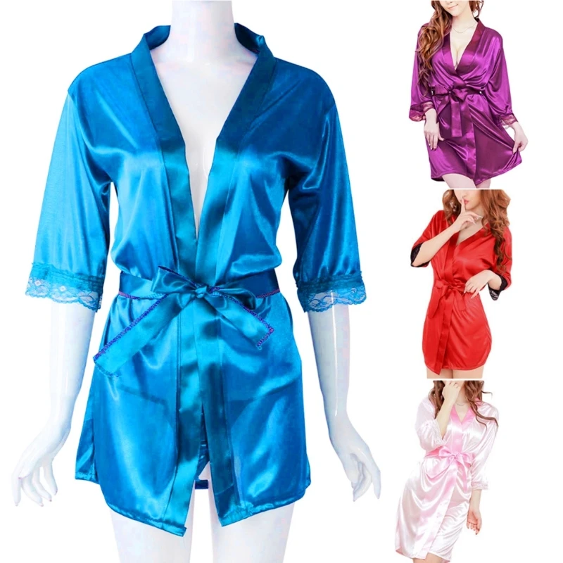 Women's Short Kimono V-Neck Bathrobe Plain Dressing Gown Bridal Party Robe