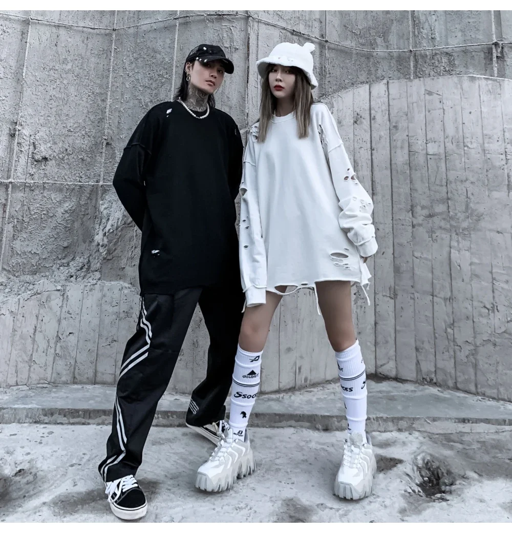 Camisolas rasgadas de manga comprida para homens e mulheres, pulôveres de ombro, streetwear com buracos rasgados, roupas grunge, sloth tops, primavera
