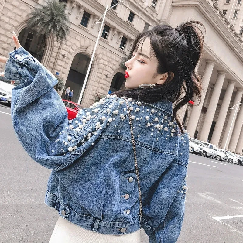 

Beading Jean Denim Short Jackets For Women Loose Chaqueta Mujer Office Coat Autumn Flower Female Chaquetas Oversized Outerwear