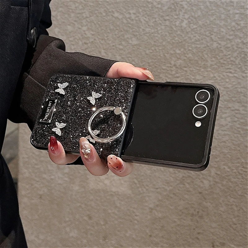 Luxury Glitter 3D Butterfly Ring Case with Shockproof Back Cover and Plain Hinge Design